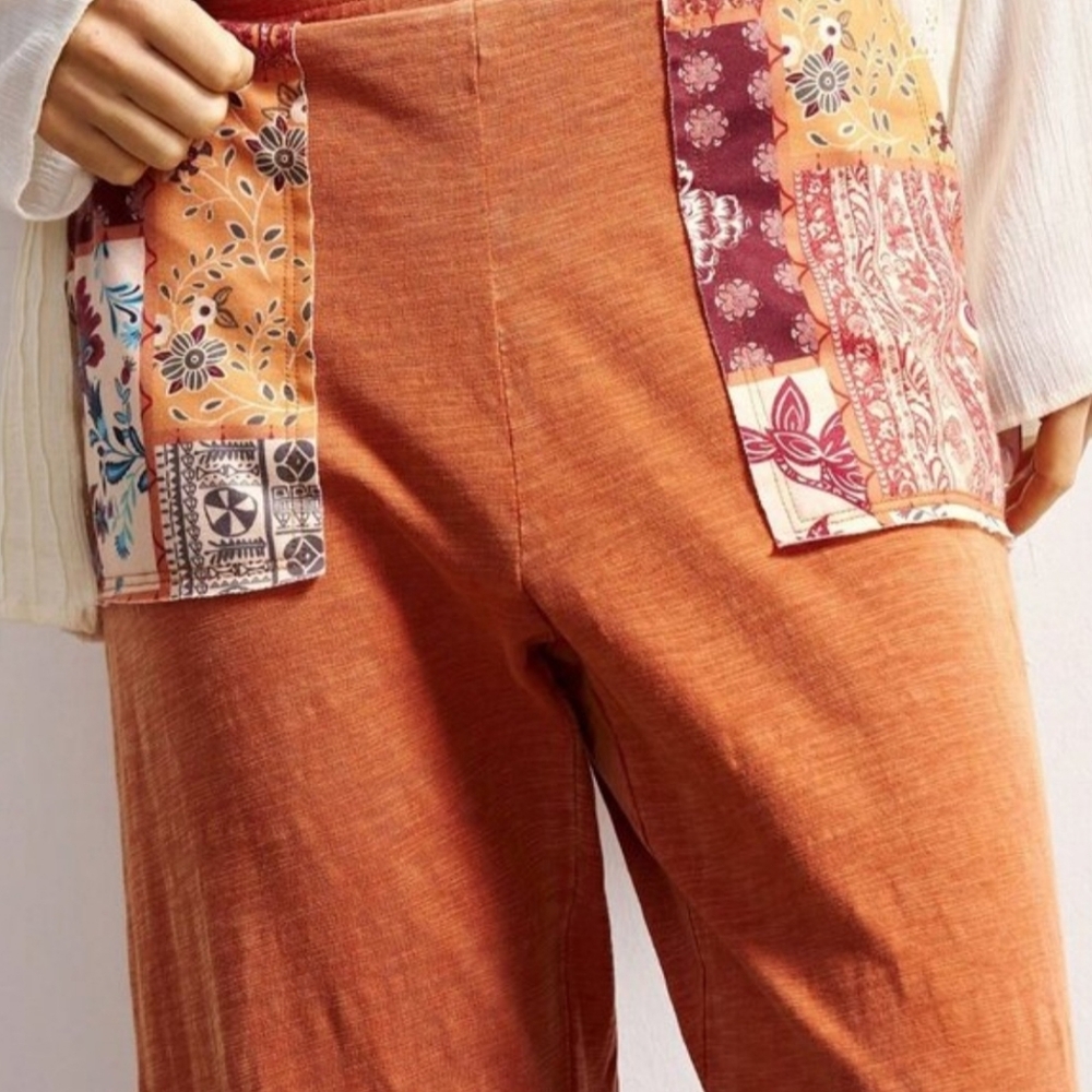 Orange Boho Women's Casual Knit Patchwork Flare Washed Pants - Picture 5 of 8